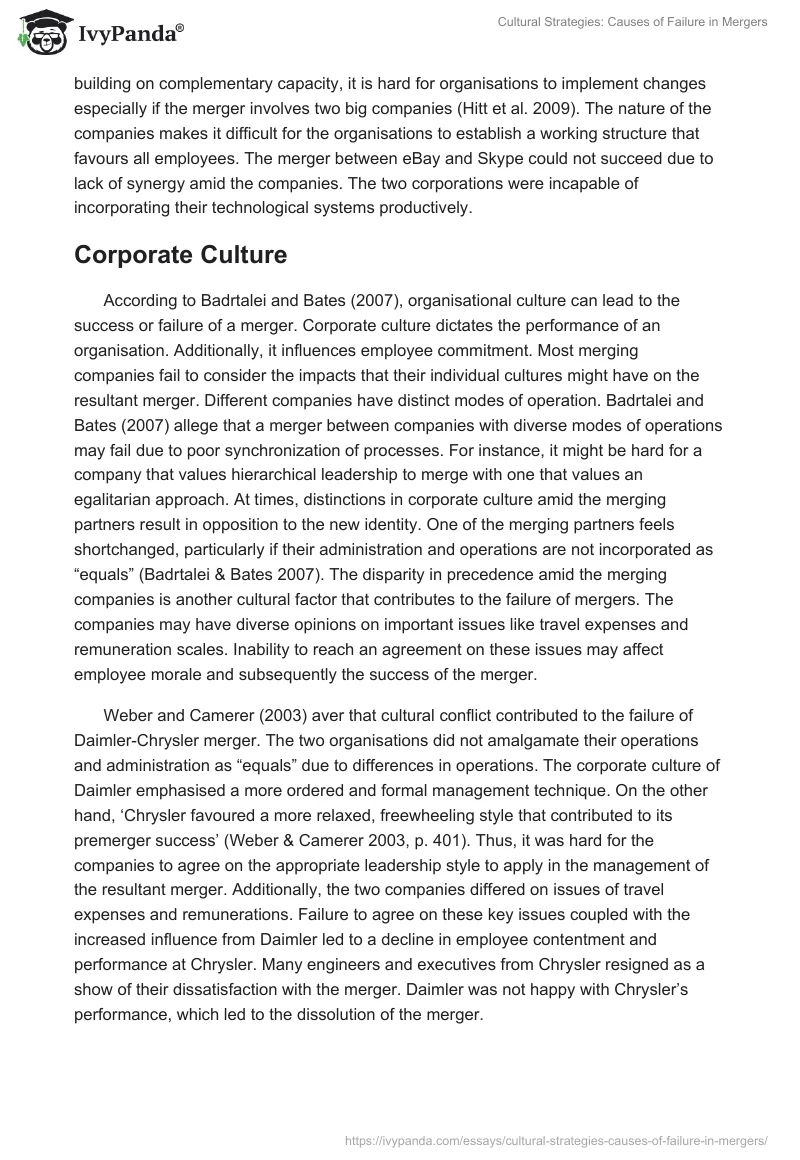 Cultural Strategies: Causes of Failure in Mergers. Page 2