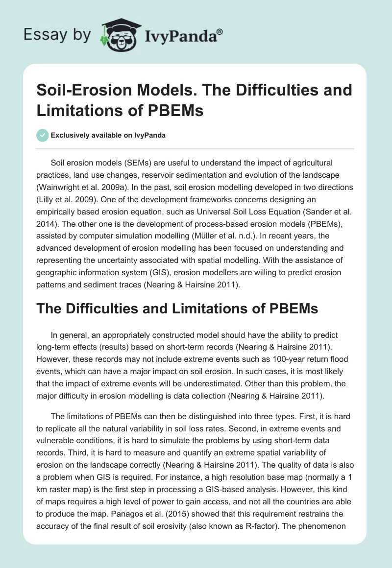 Soil-Erosion Models. The Difficulties and Limitations of PBEMs. Page 1