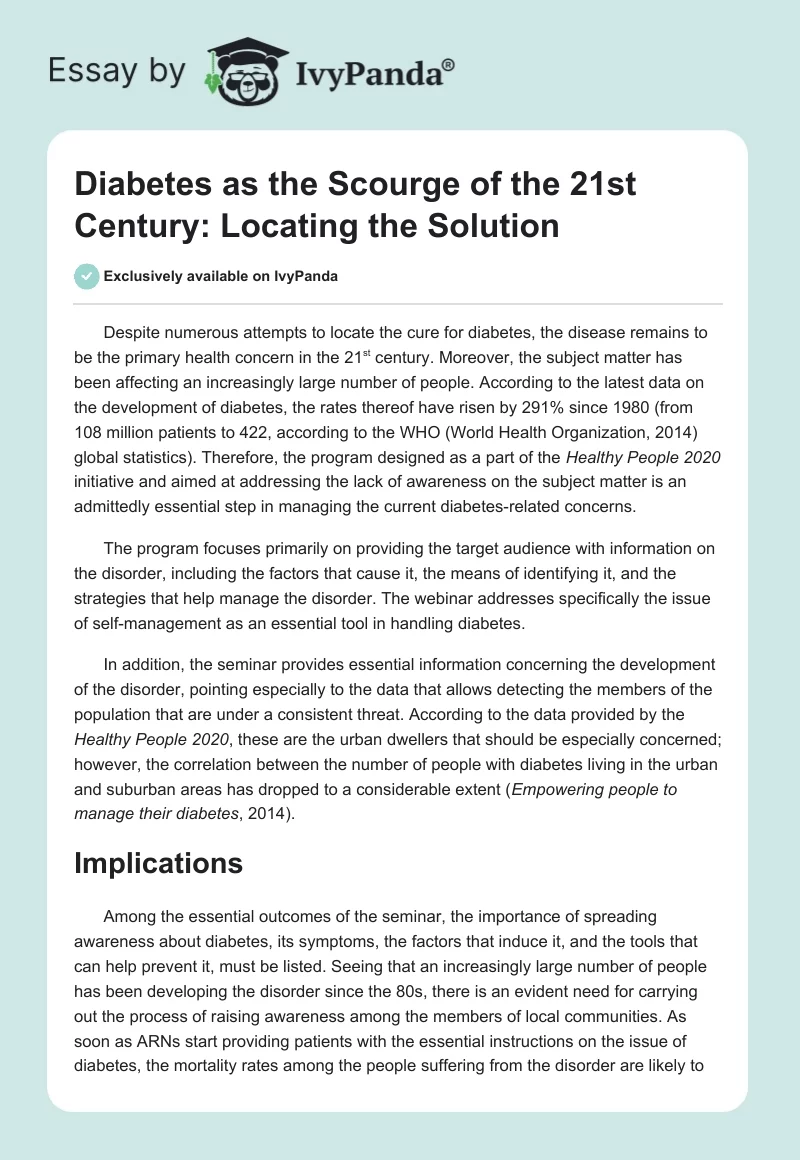 Diabetes as the Scourge of the 21st Century: Locating the Solution. Page 1