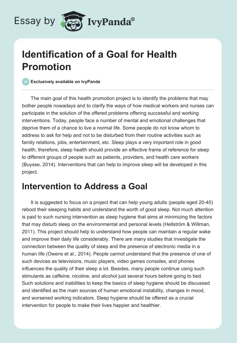 Identification of a Goal for Health Promotion. Page 1