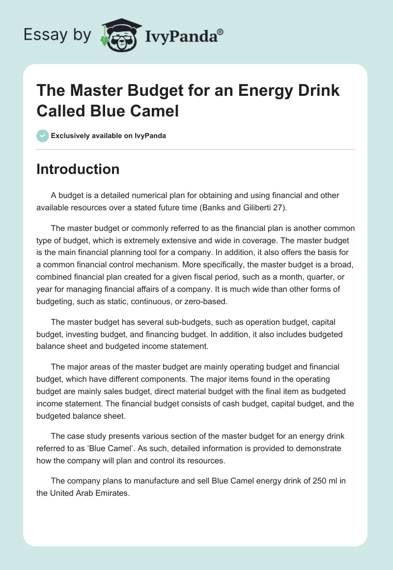 The Master Budget for an Energy Drink Called Blue Camel. Page 1