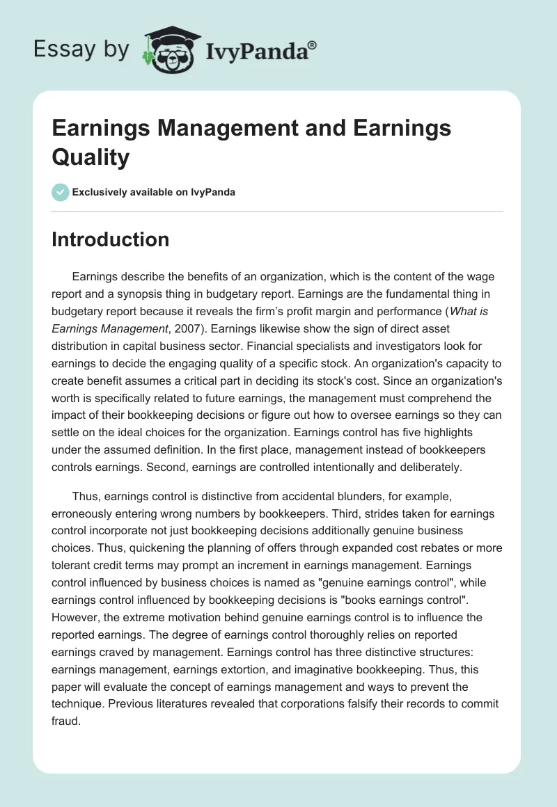Earnings Management and Earnings Quality. Page 1
