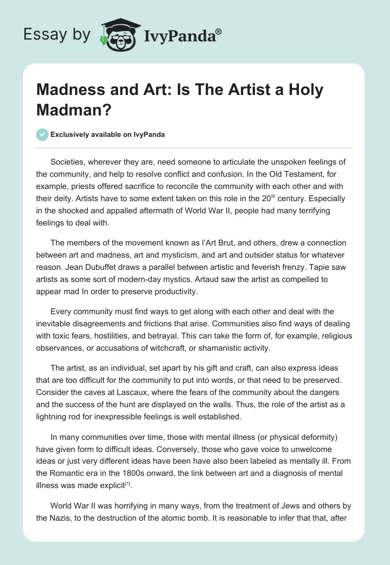 Madness and Art: Is The Artist a Holy Madman?. Page 1