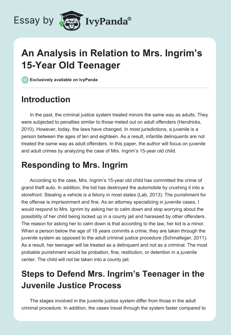 An Analysis in Relation to Mrs. Ingrim’s 15-Year Old Teenager. Page 1