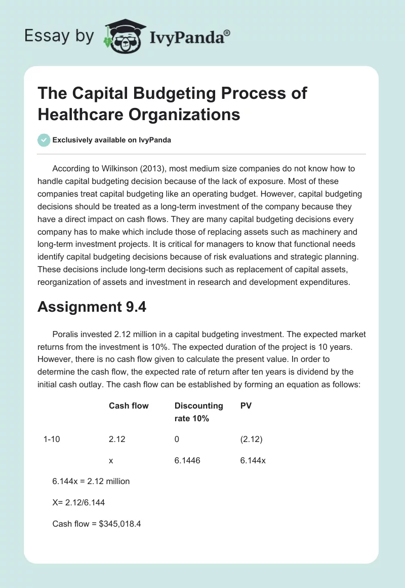 The Capital Budgeting Process of Healthcare Organizations. Page 1