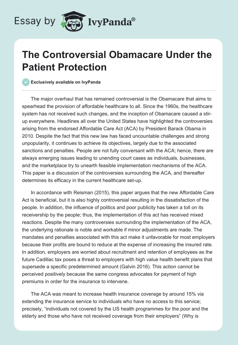 The Controversial Obamacare Under the Patient Protection. Page 1