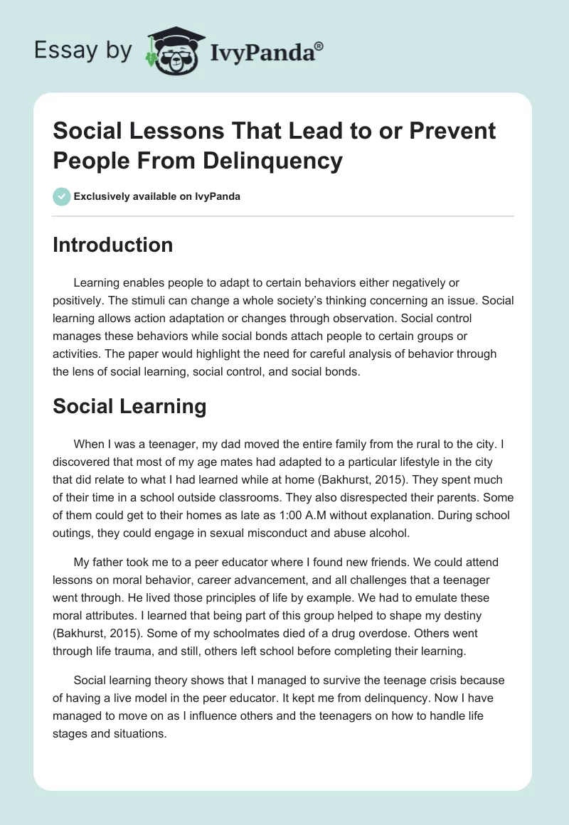 Social Lessons That Lead to or Prevent People From Delinquency. Page 1
