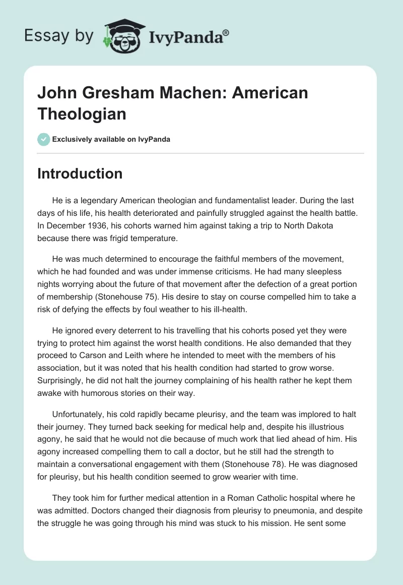 John Gresham Machen: American Theologian. Page 1