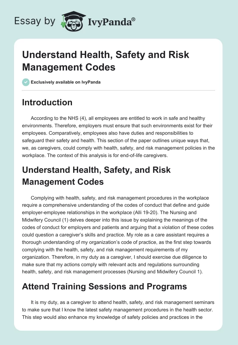 Understand Health, Safety and Risk Management Codes. Page 1