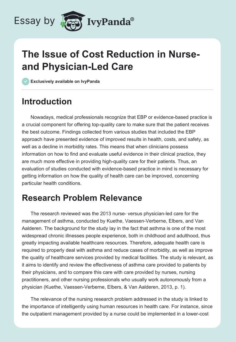 The Issue of Cost Reduction in Nurse- and Physician-Led Care. Page 1