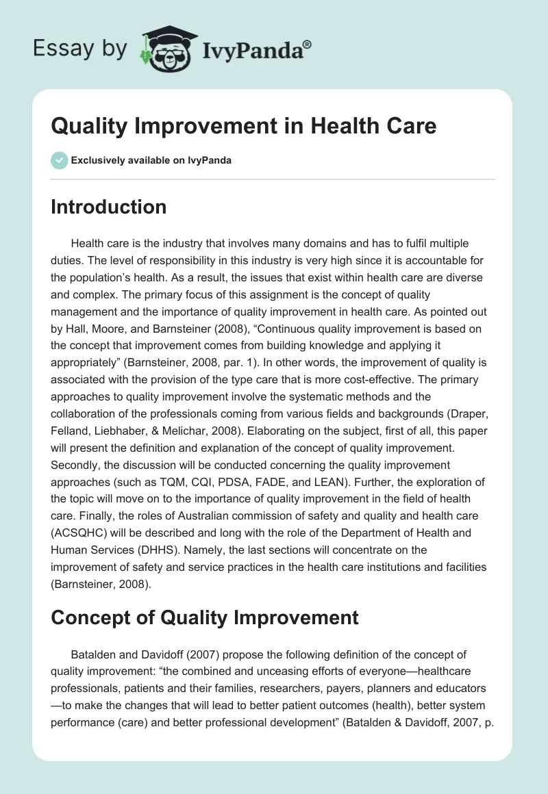 Quality Improvement in Health Care. Page 1