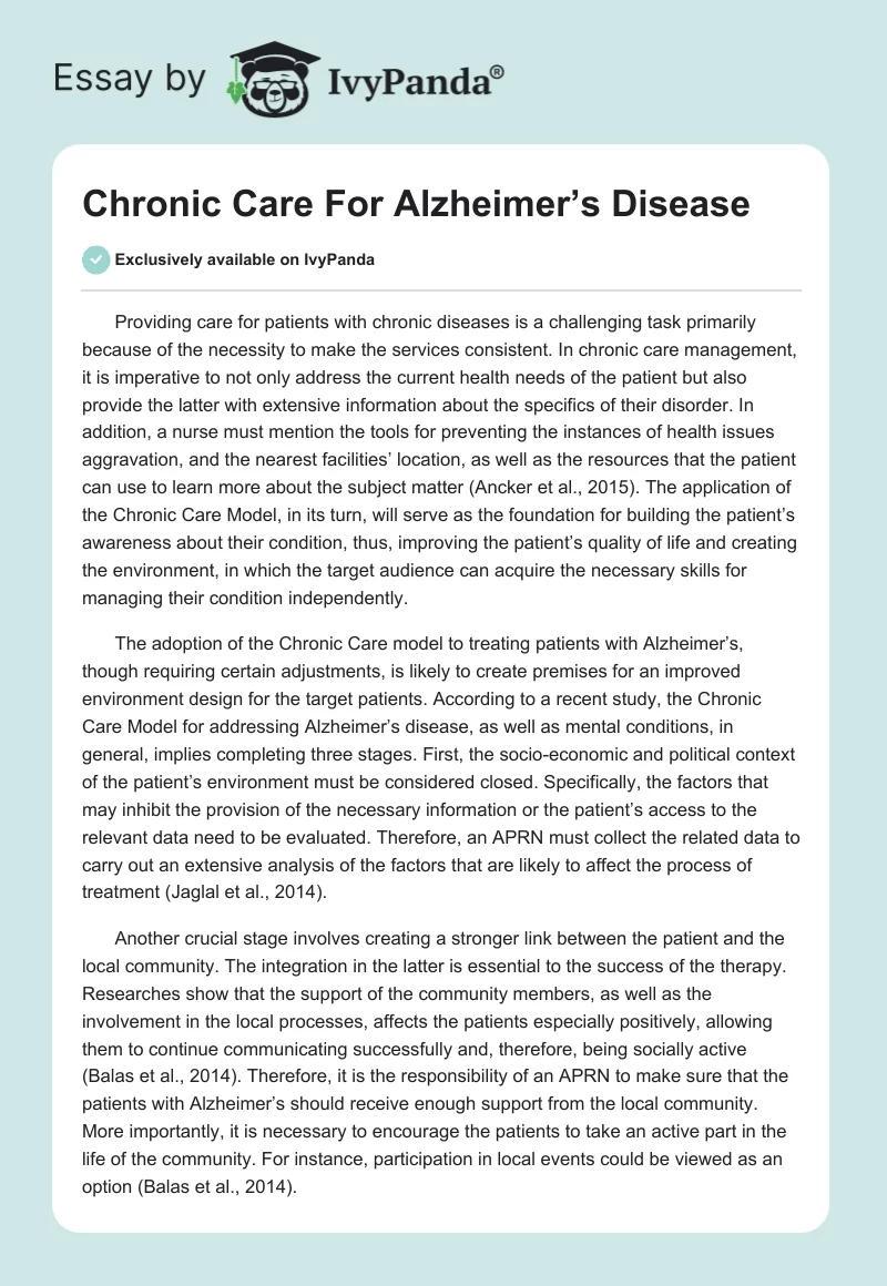 Chronic Care For Alzheimer’s Disease. Page 1