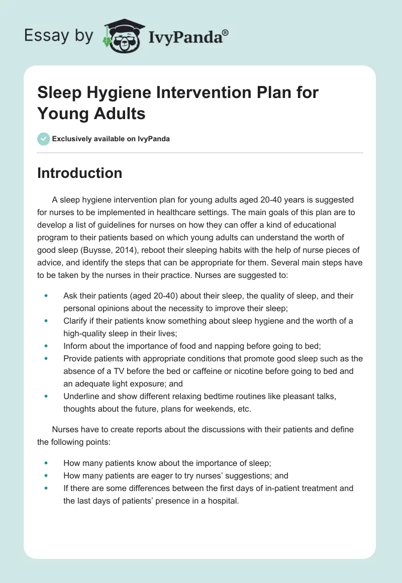 Sleep Hygiene Intervention Plan for Young Adults. Page 1