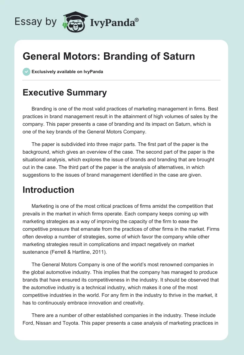 General Motors: Branding of Saturn. Page 1