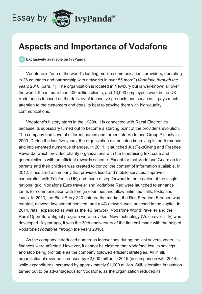 Aspects and Importance of Vodafone. Page 1