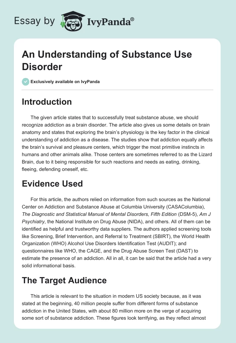 An Understanding of Substance Use Disorder. Page 1