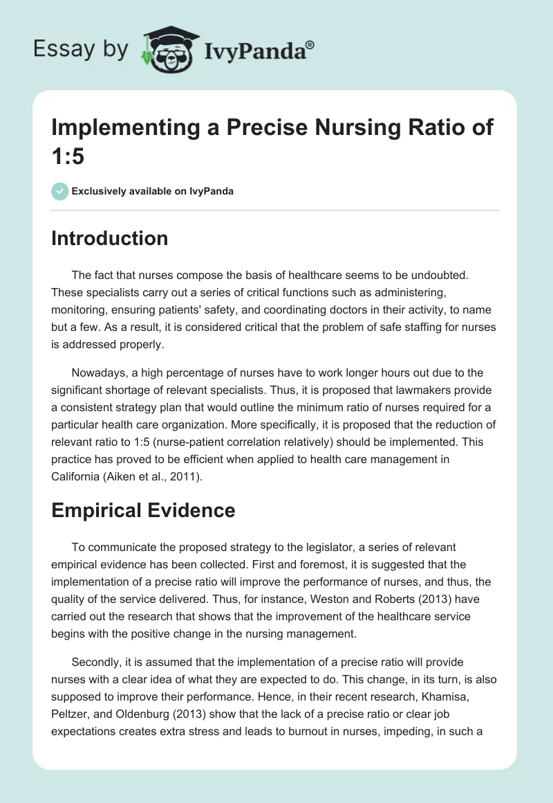 Implementing a Precise Nursing Ratio of 1:5. Page 1