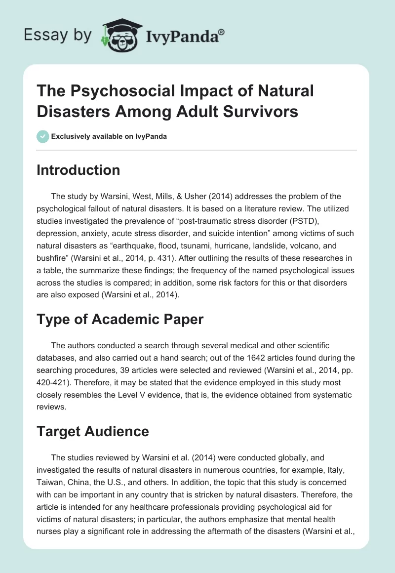 The Psychosocial Impact of Natural Disasters Among Adult Survivors. Page 1