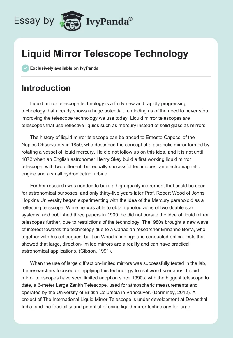 Liquid Mirror Telescope Technology. Page 1