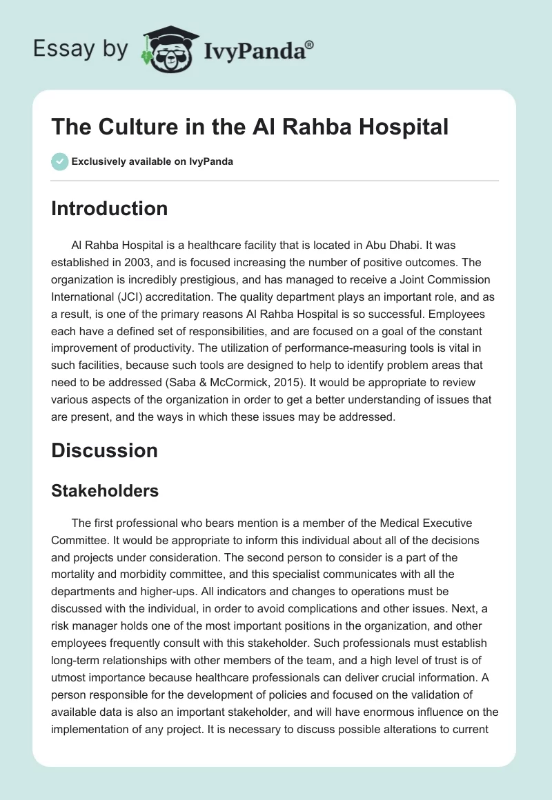 The Culture in the Al Rahba Hospital. Page 1