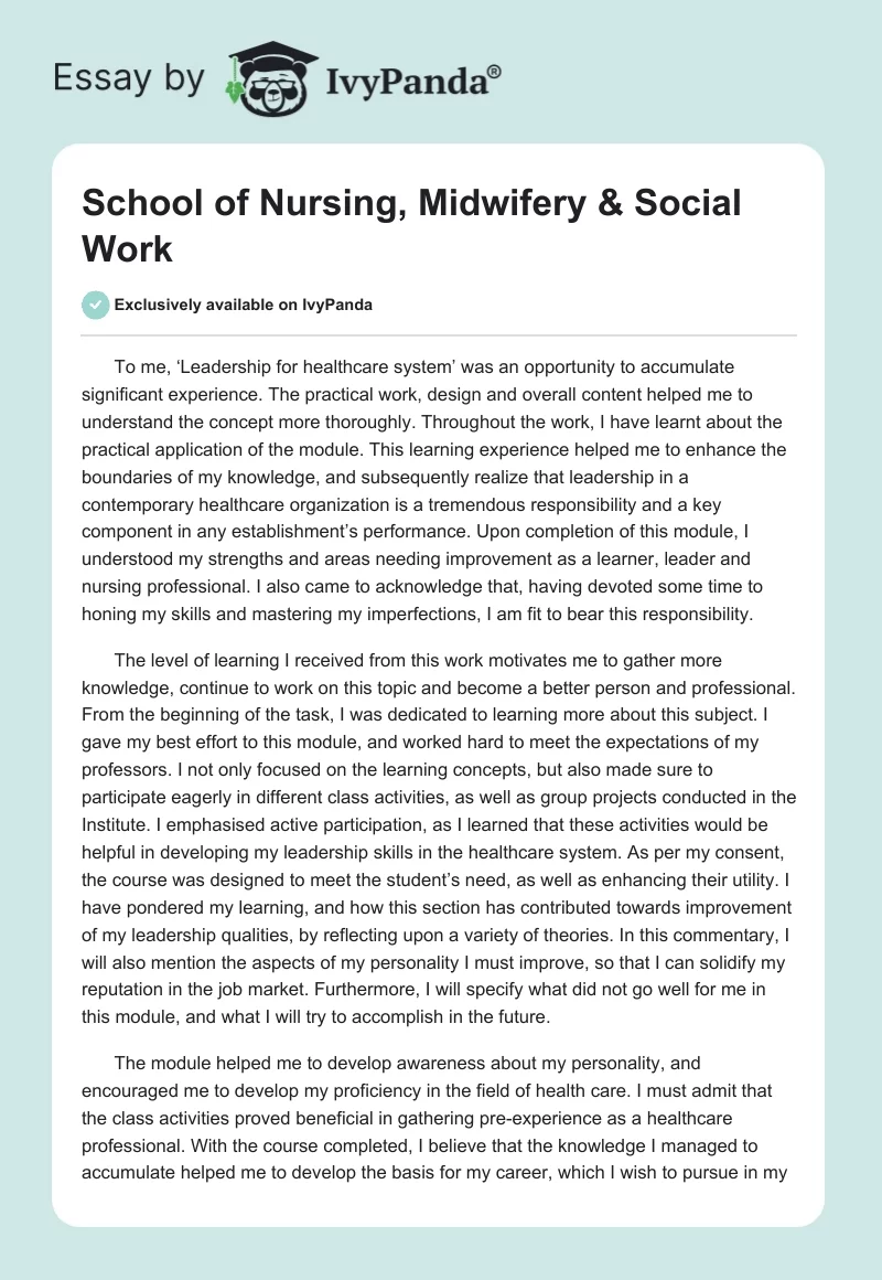 School of Nursing, Midwifery & Social Work. Page 1
