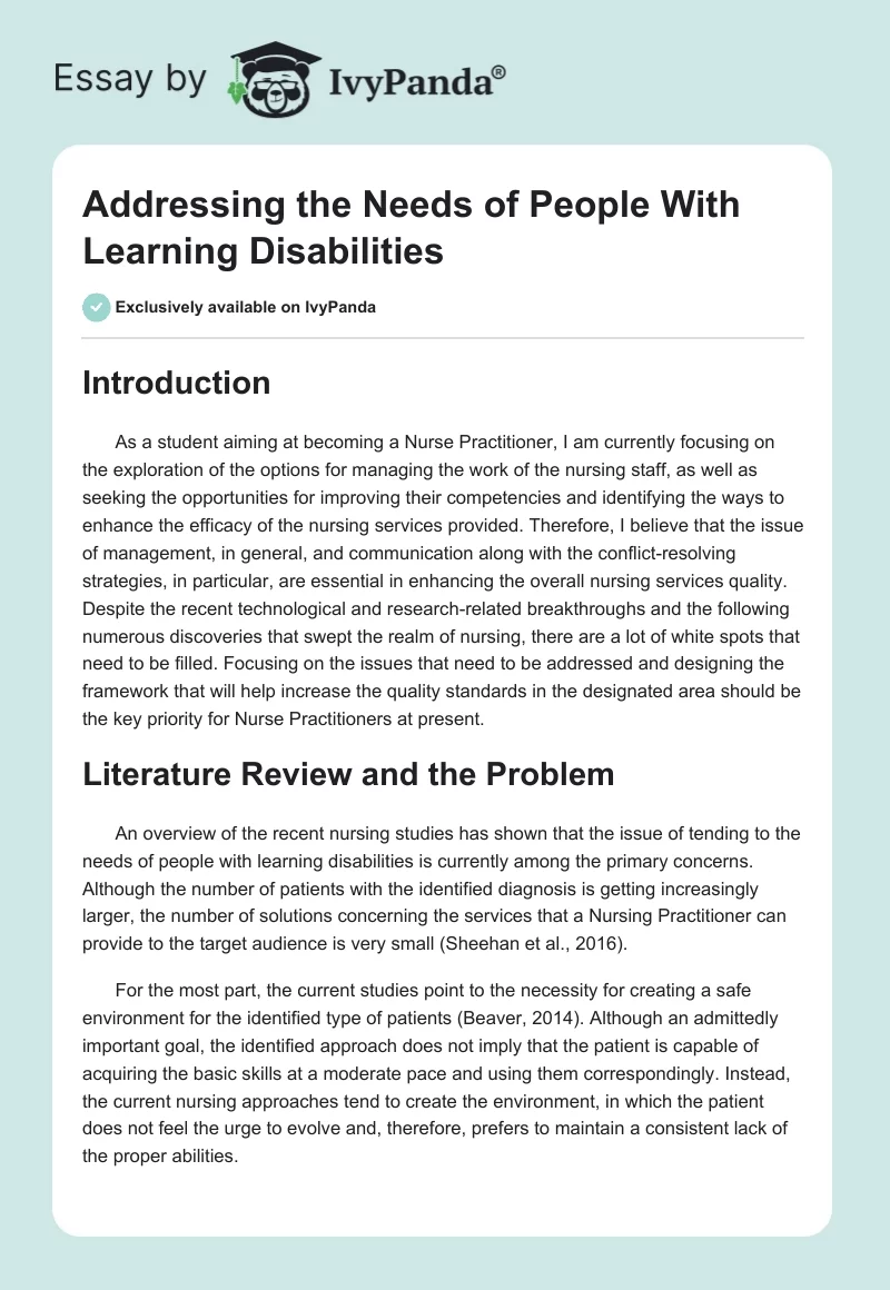 Addressing the Needs of People With Learning Disabilities. Page 1
