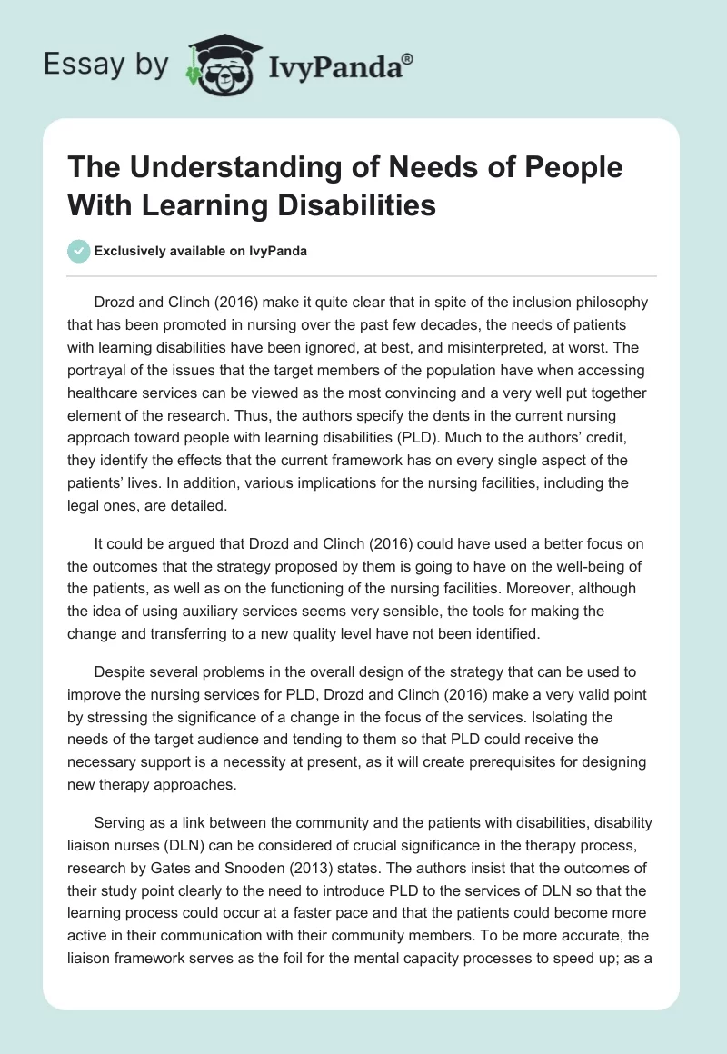 The Understanding of Needs of People With Learning Disabilities. Page 1