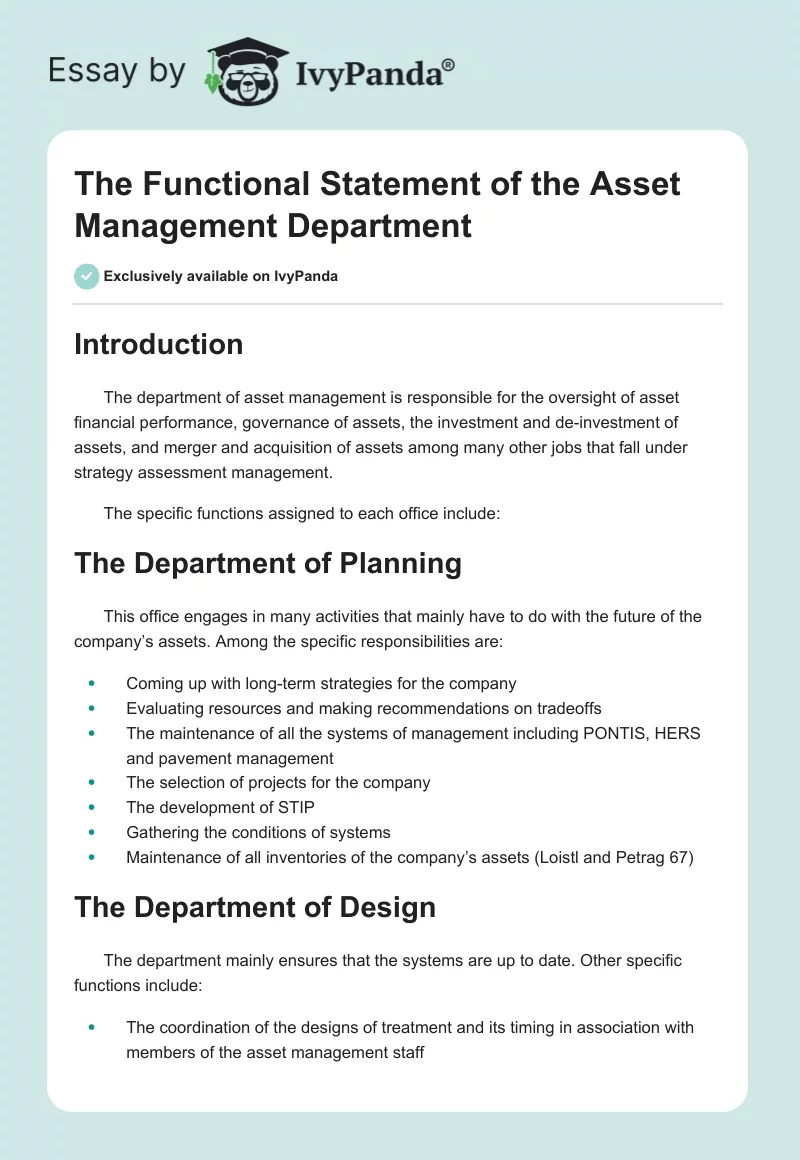 The Functional Statement of the Asset Management Department. Page 1