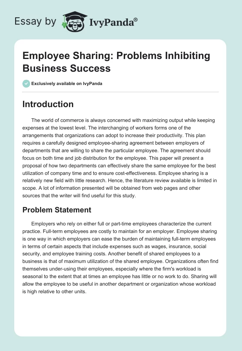 Employee Sharing: Problems Inhibiting Business Success. Page 1