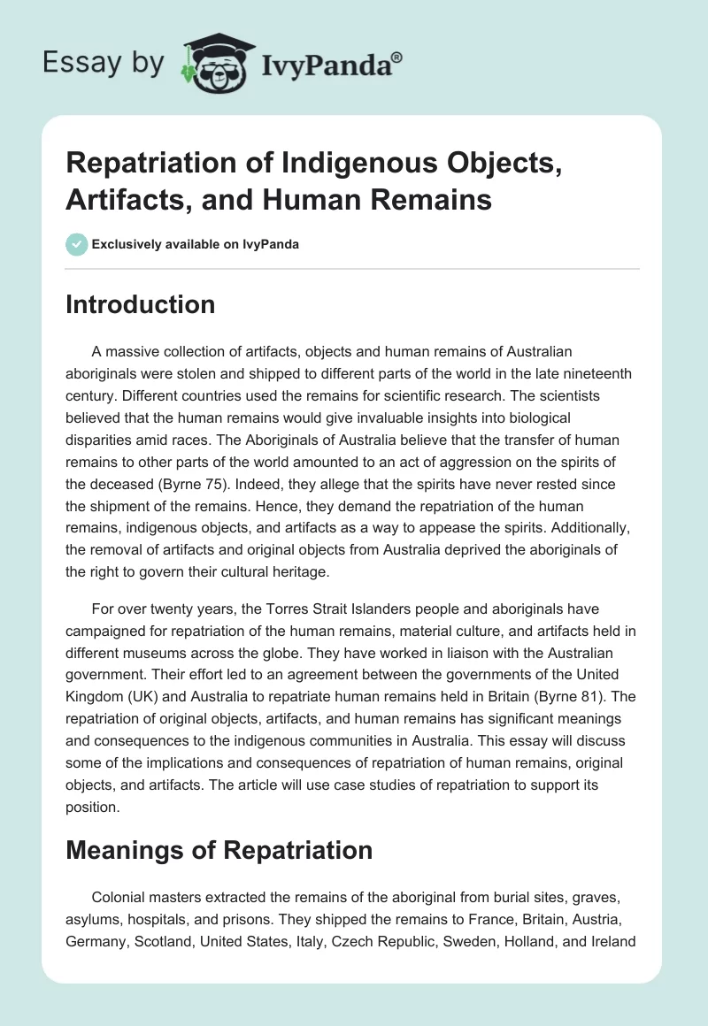 Repatriation of Indigenous Objects, Artifacts, and Human Remains. Page 1