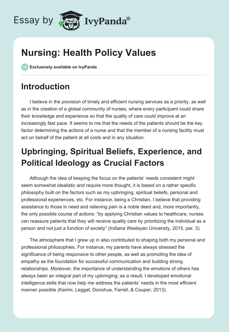 Nursing: Health Policy Values. Page 1