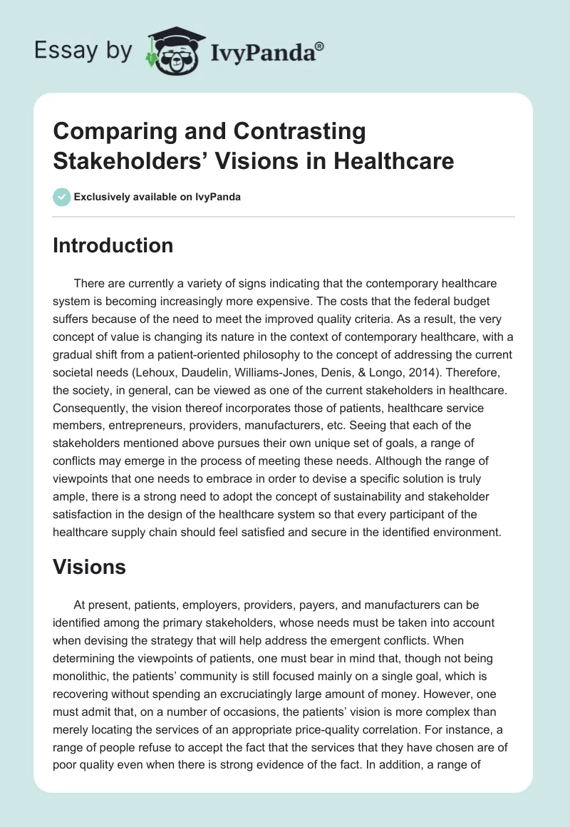 Comparing and Contrasting Stakeholders’ Visions in Healthcare. Page 1