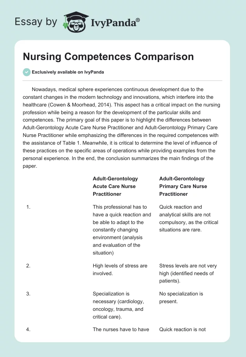 Nursing Competences Comparison. Page 1