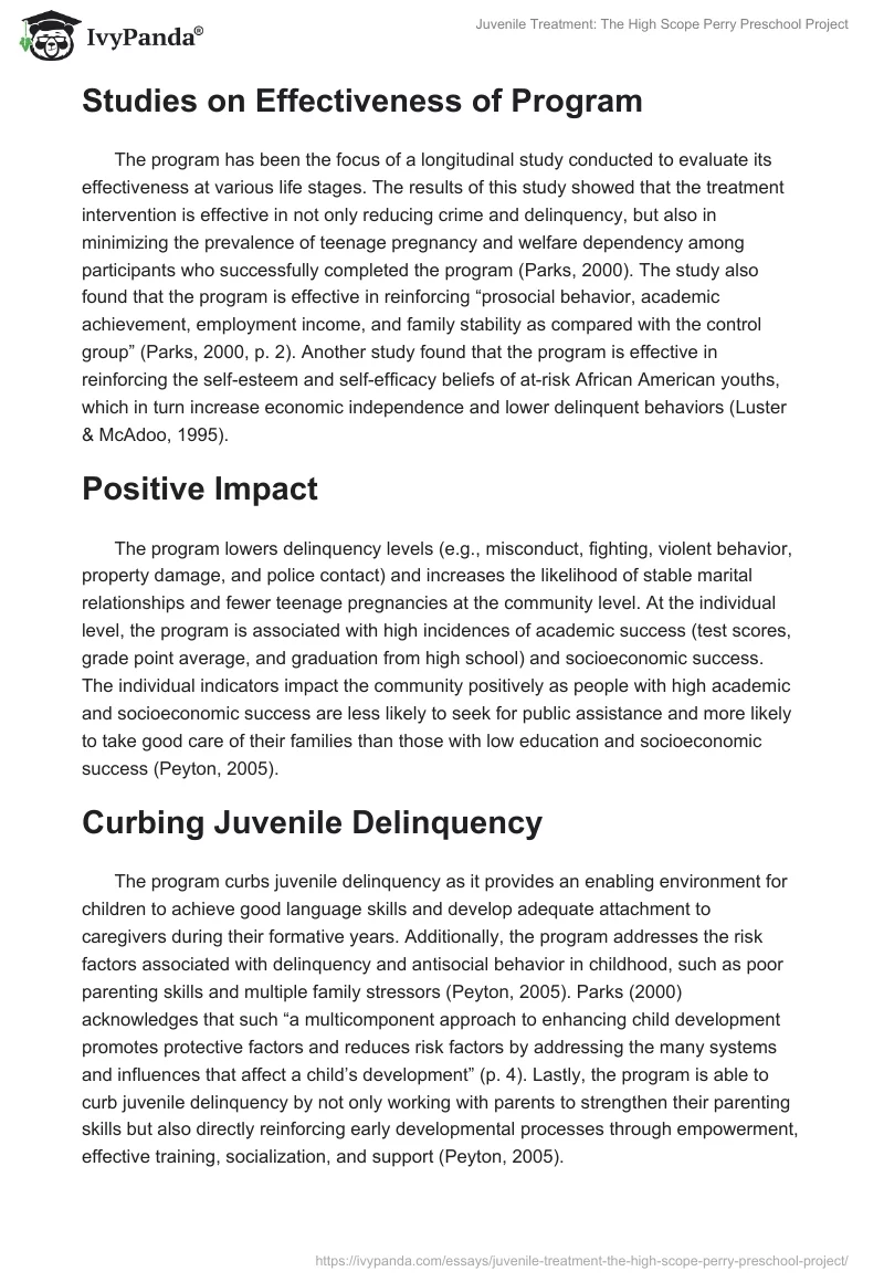 Juvenile Treatment: The High Scope Perry Preschool Project. Page 2