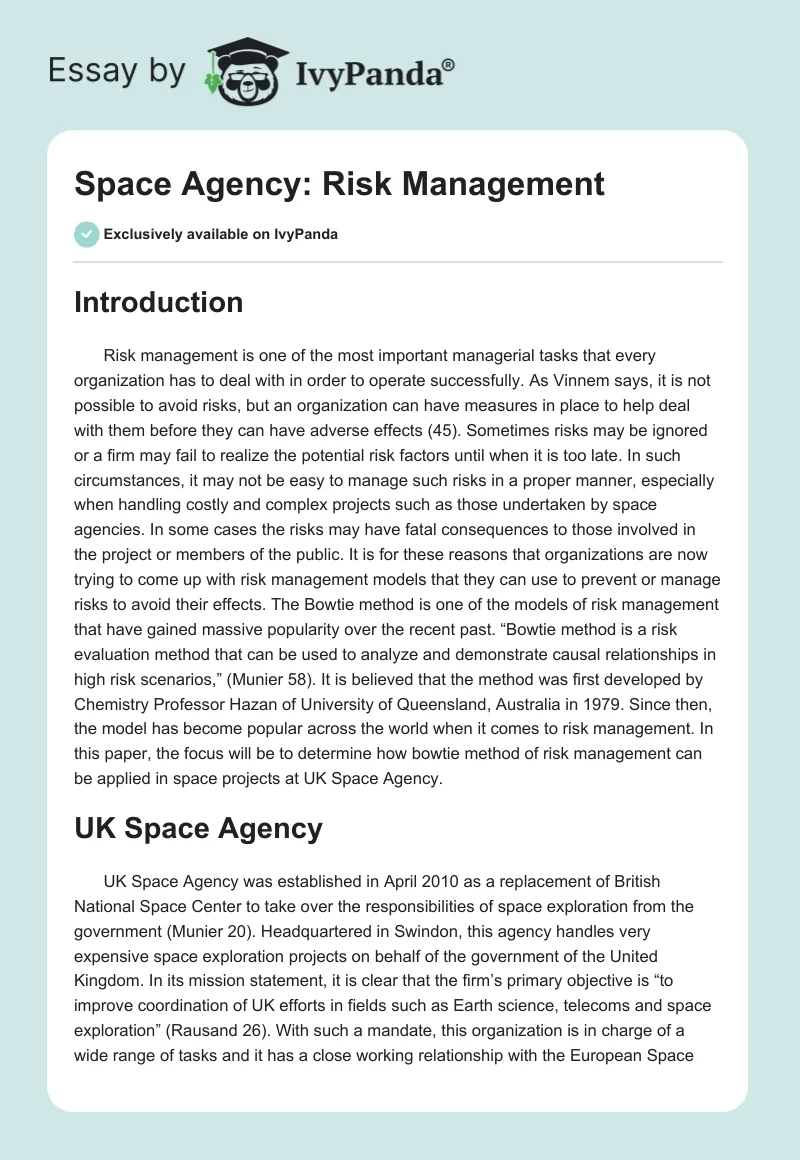 Space Agency: Risk Management. Page 1