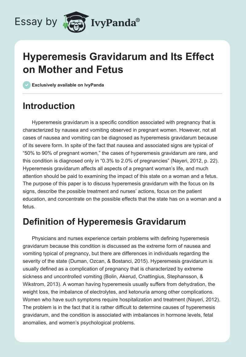 Hyperemesis Gravidarum and Its Effect on Mother and Fetus. Page 1