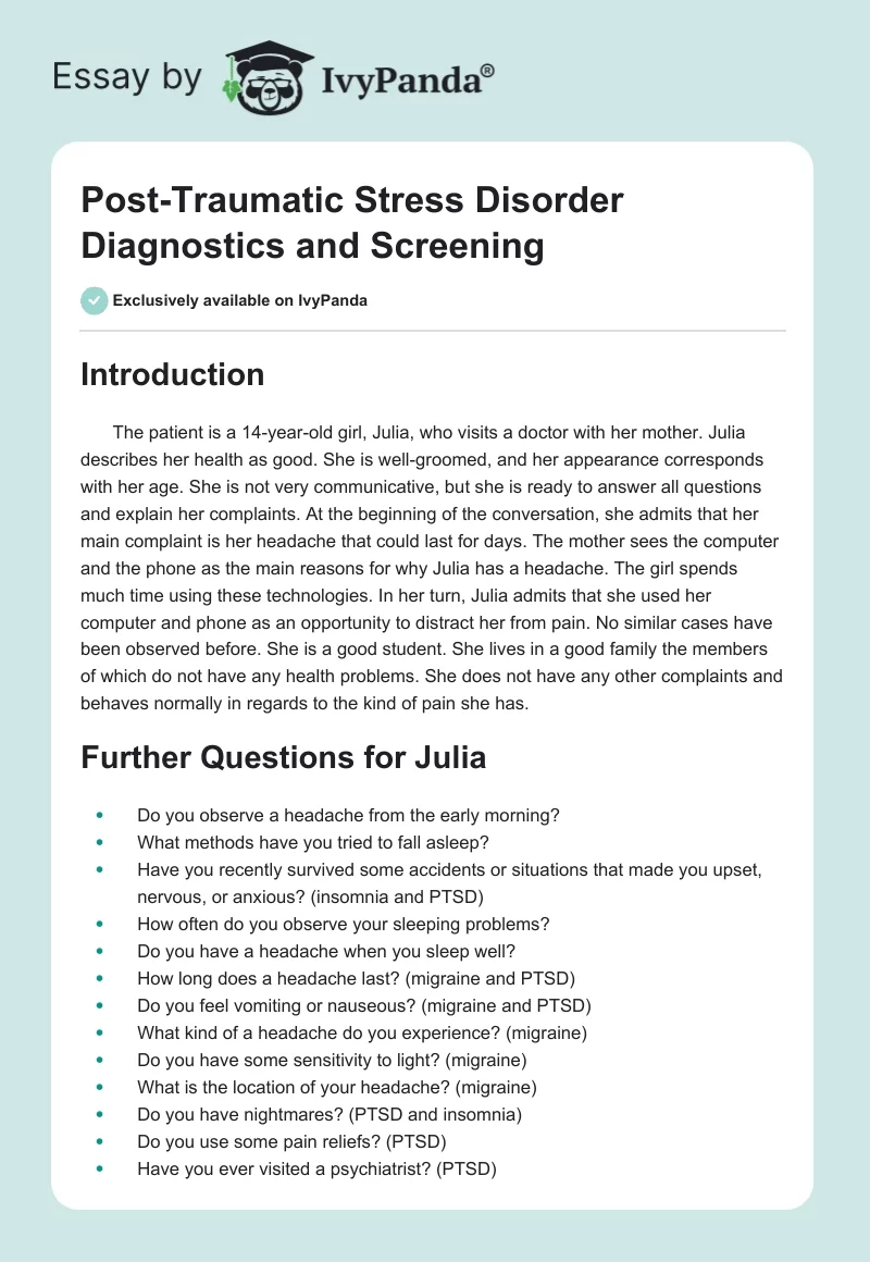 Post-Traumatic Stress Disorder Diagnostics and Screening. Page 1