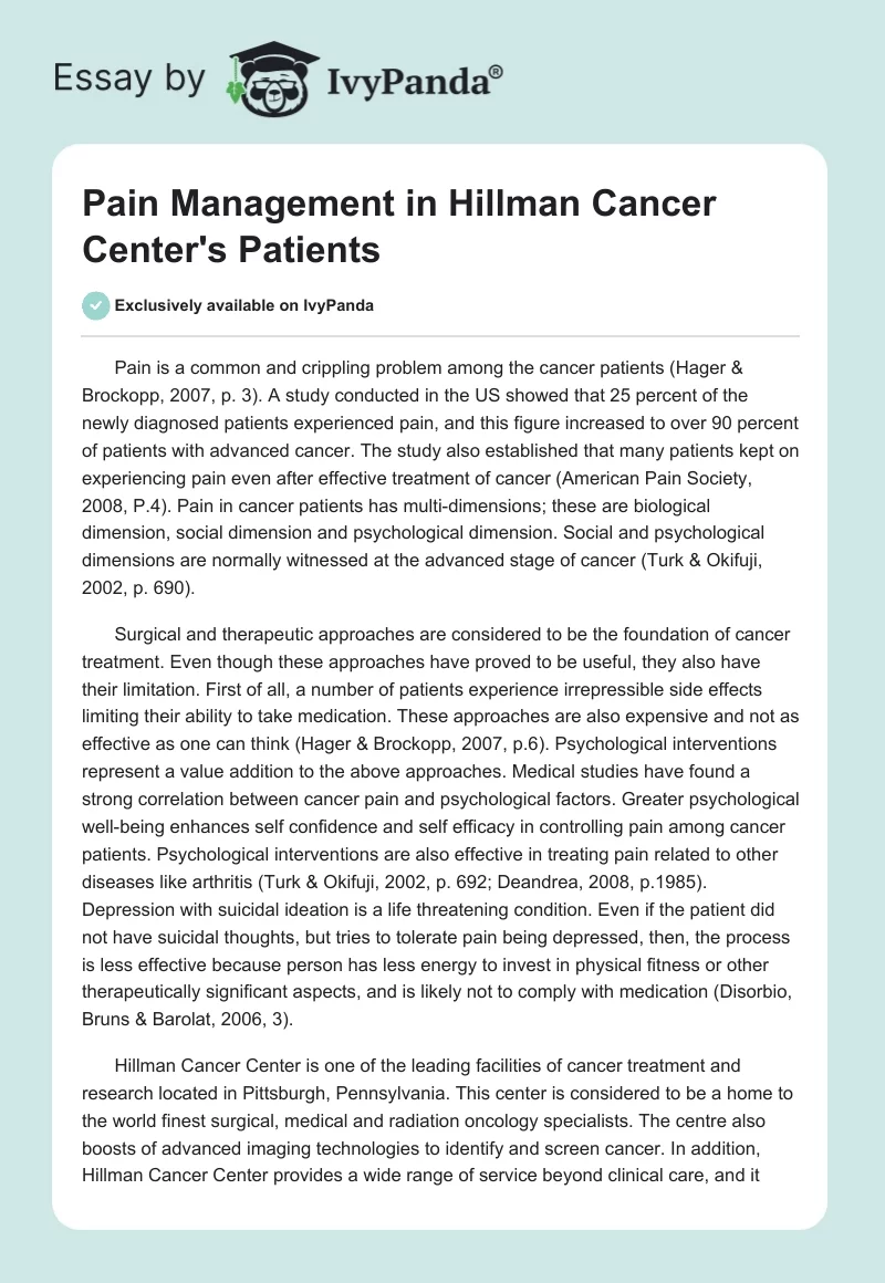 Pain Management in Hillman Cancer Center's Patients. Page 1