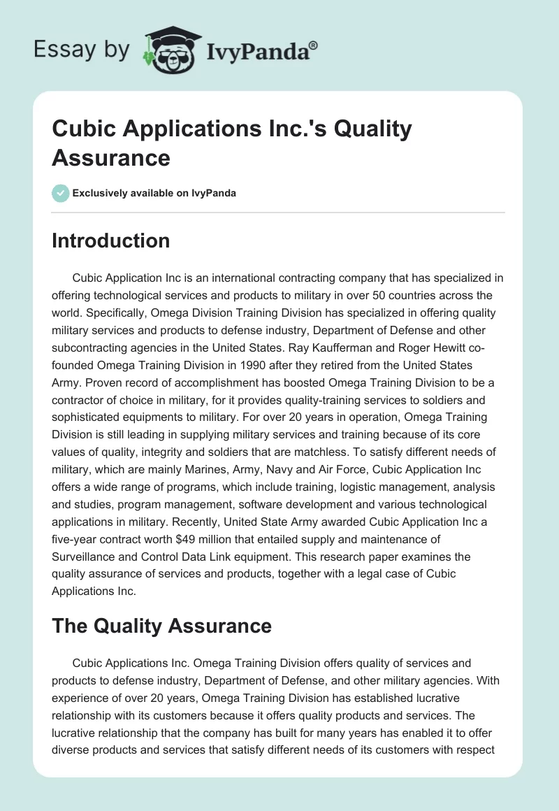 Cubic Applications Inc.'s Quality Assurance. Page 1