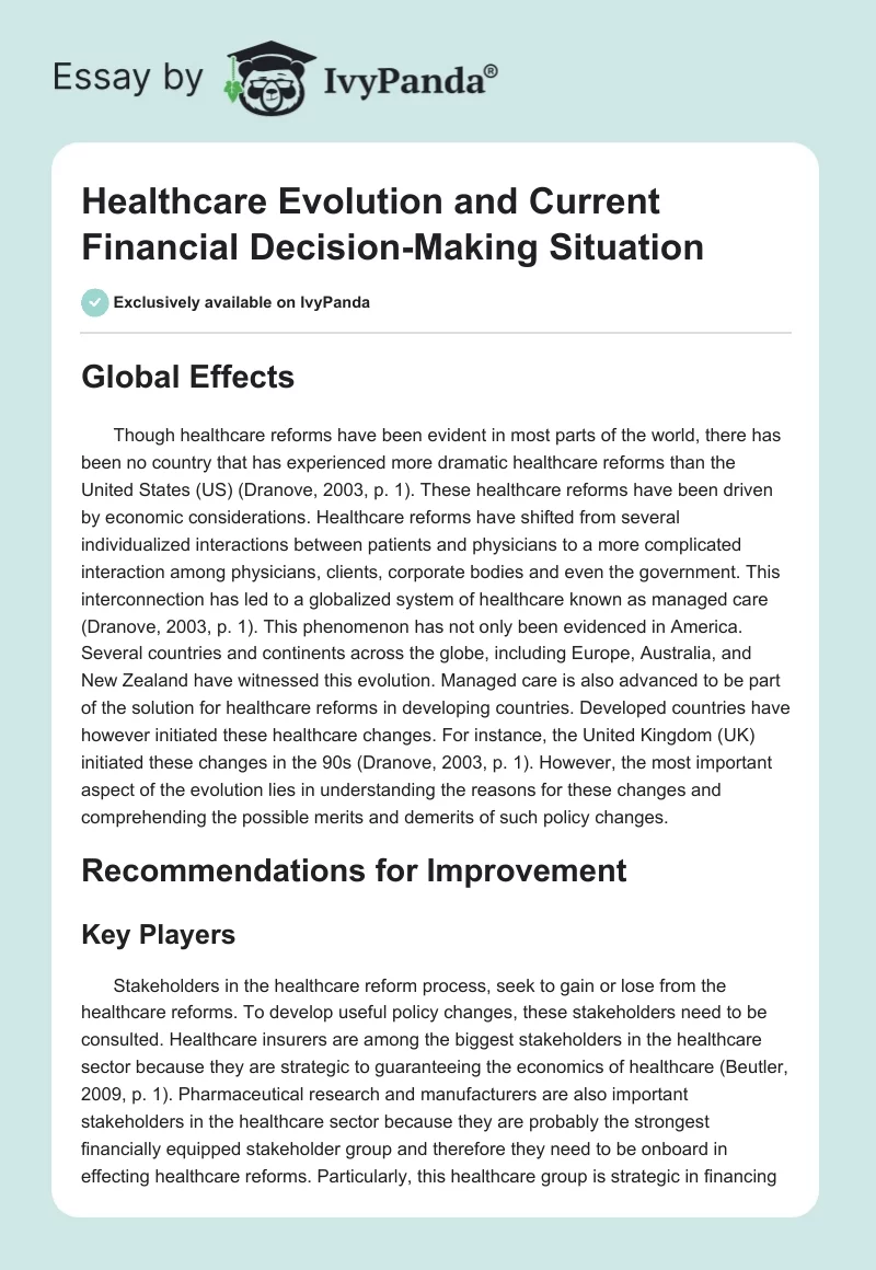 Healthcare Evolution and Current Financial Decision-Making Situation. Page 1