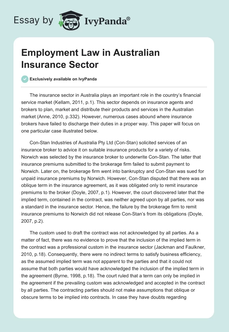 Employment Law in Australian Insurance Sector. Page 1