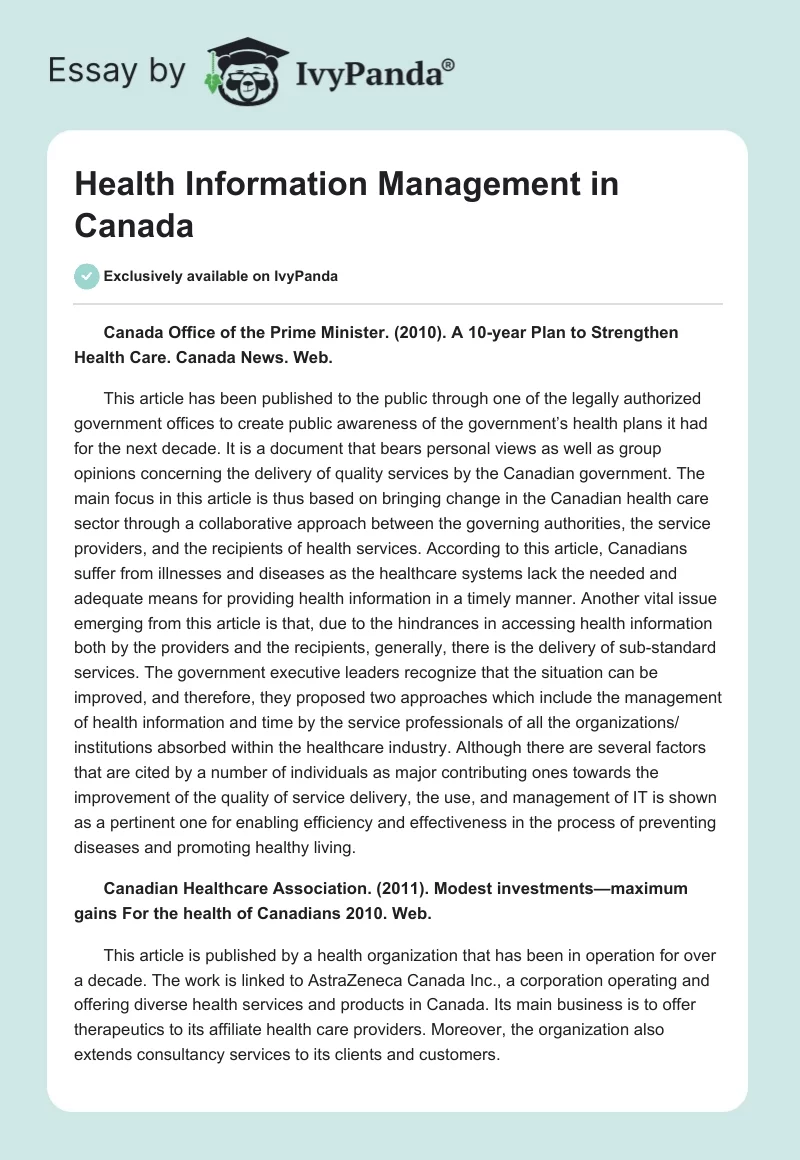Health Information Management in Canada. Page 1