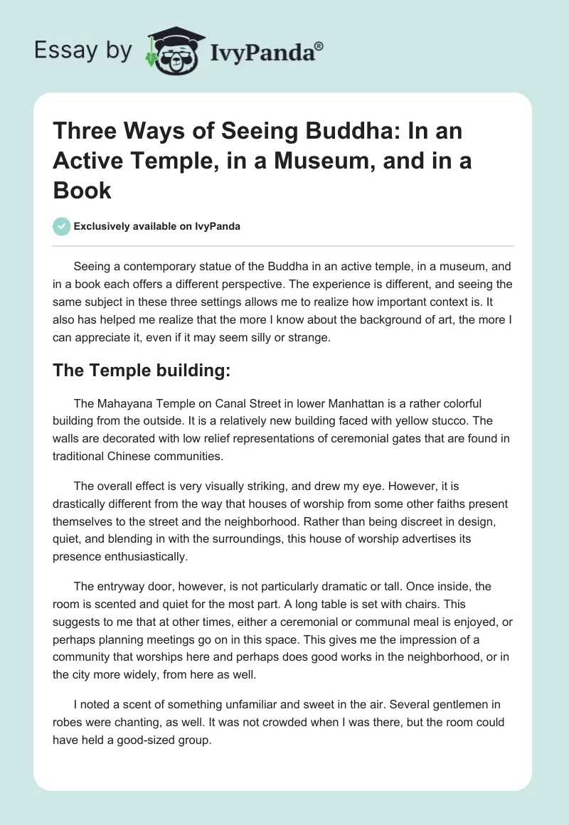 Three Ways of Seeing Buddha: In an Active Temple, in a Museum, and in a Book. Page 1