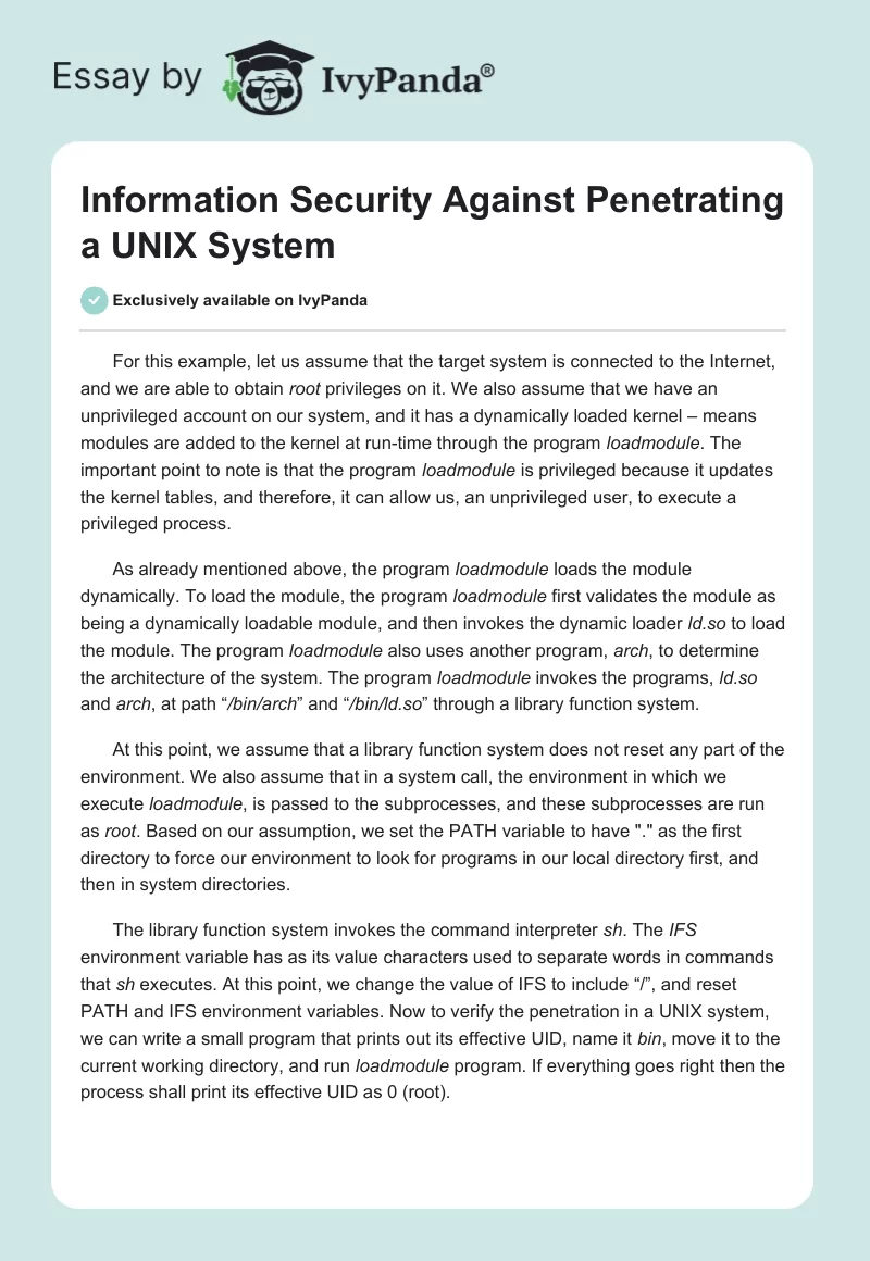 Information Security Against Penetrating a UNIX System. Page 1
