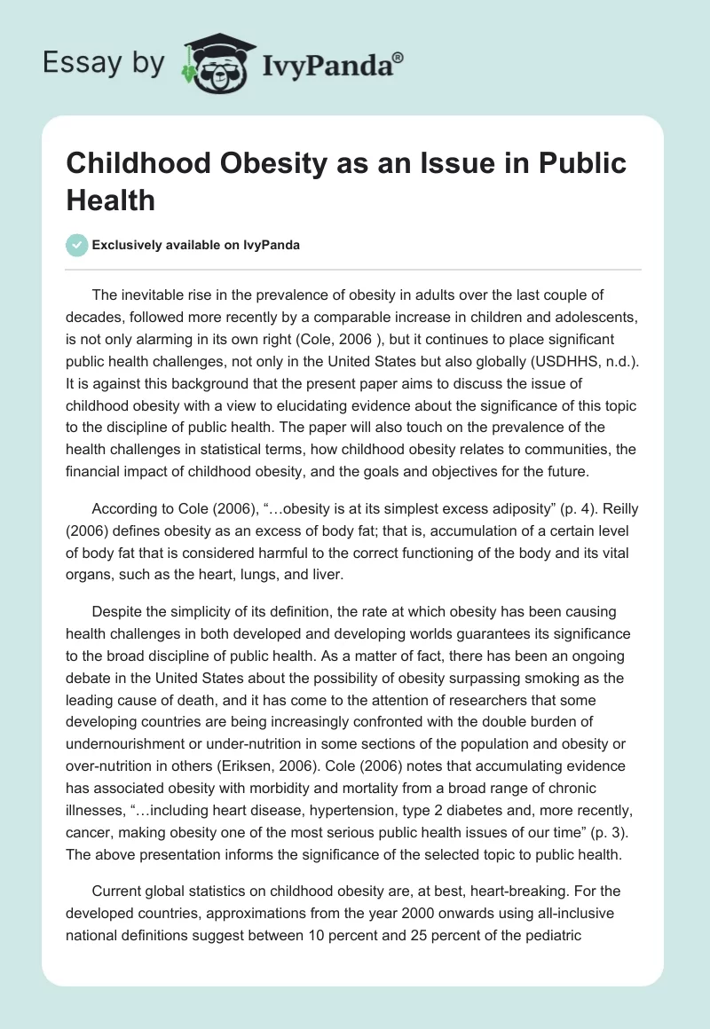 Childhood Obesity as an Issue in Public Health. Page 1