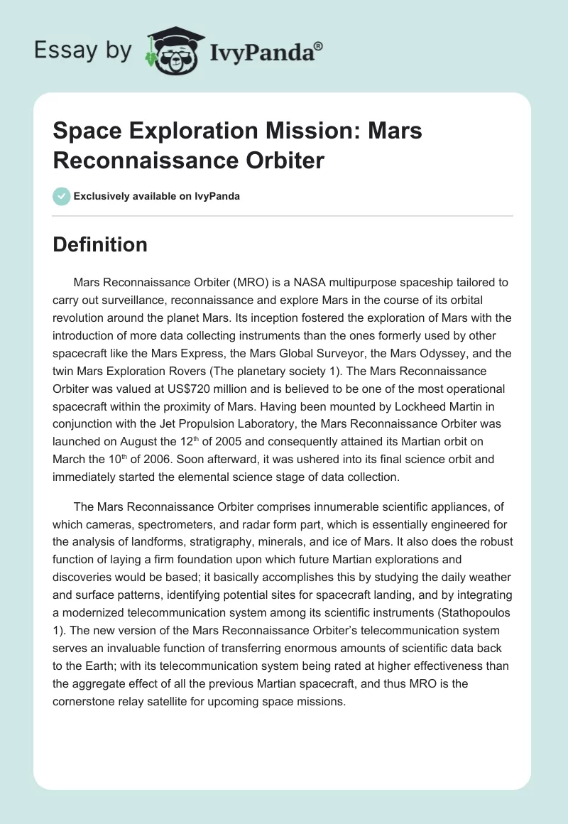 Space Exploration Mission: Mars Reconnaissance Orbiter. Page 1