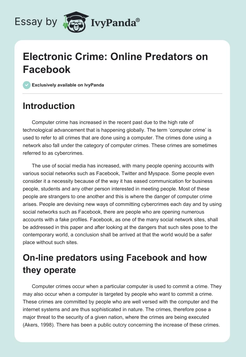 Electronic Crime: Online Predators on Facebook. Page 1