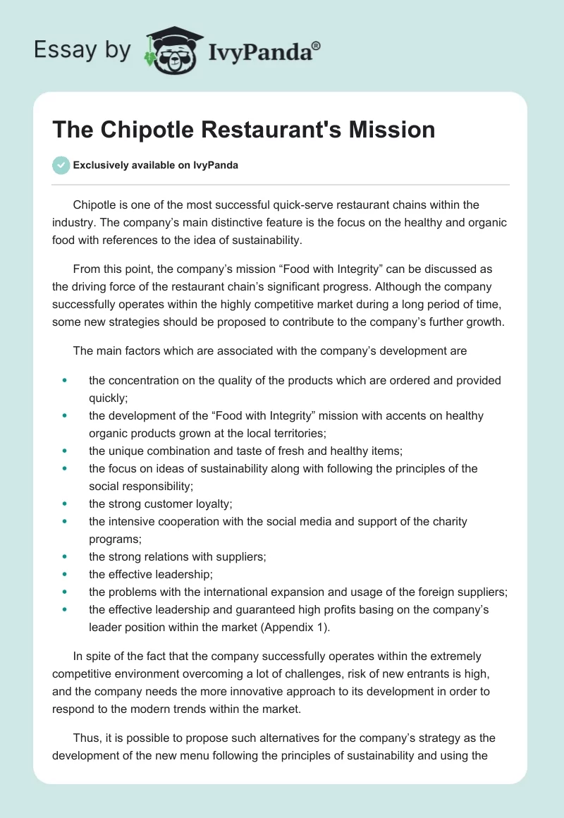 The Chipotle Restaurant's Mission. Page 1