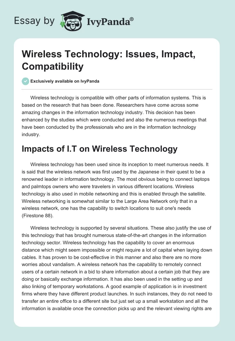 Wireless Technology: Issues, Impact, Compatibility. Page 1