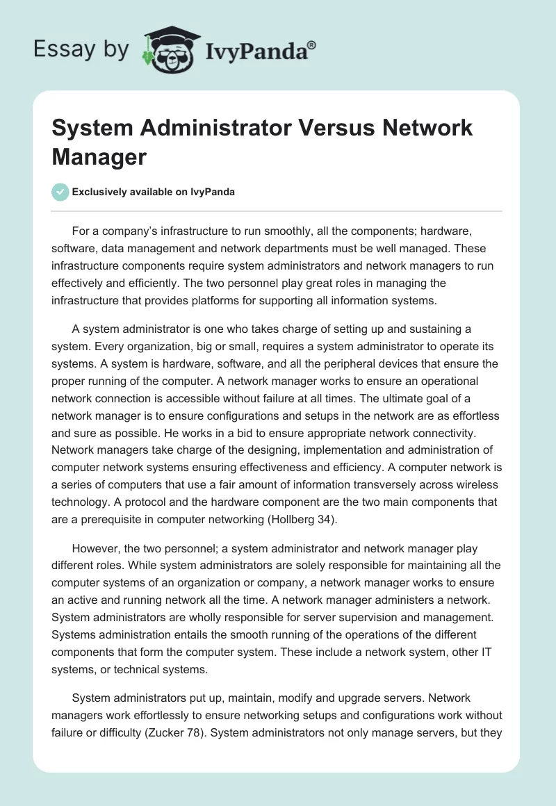 System Administrator Versus Network Manager. Page 1
